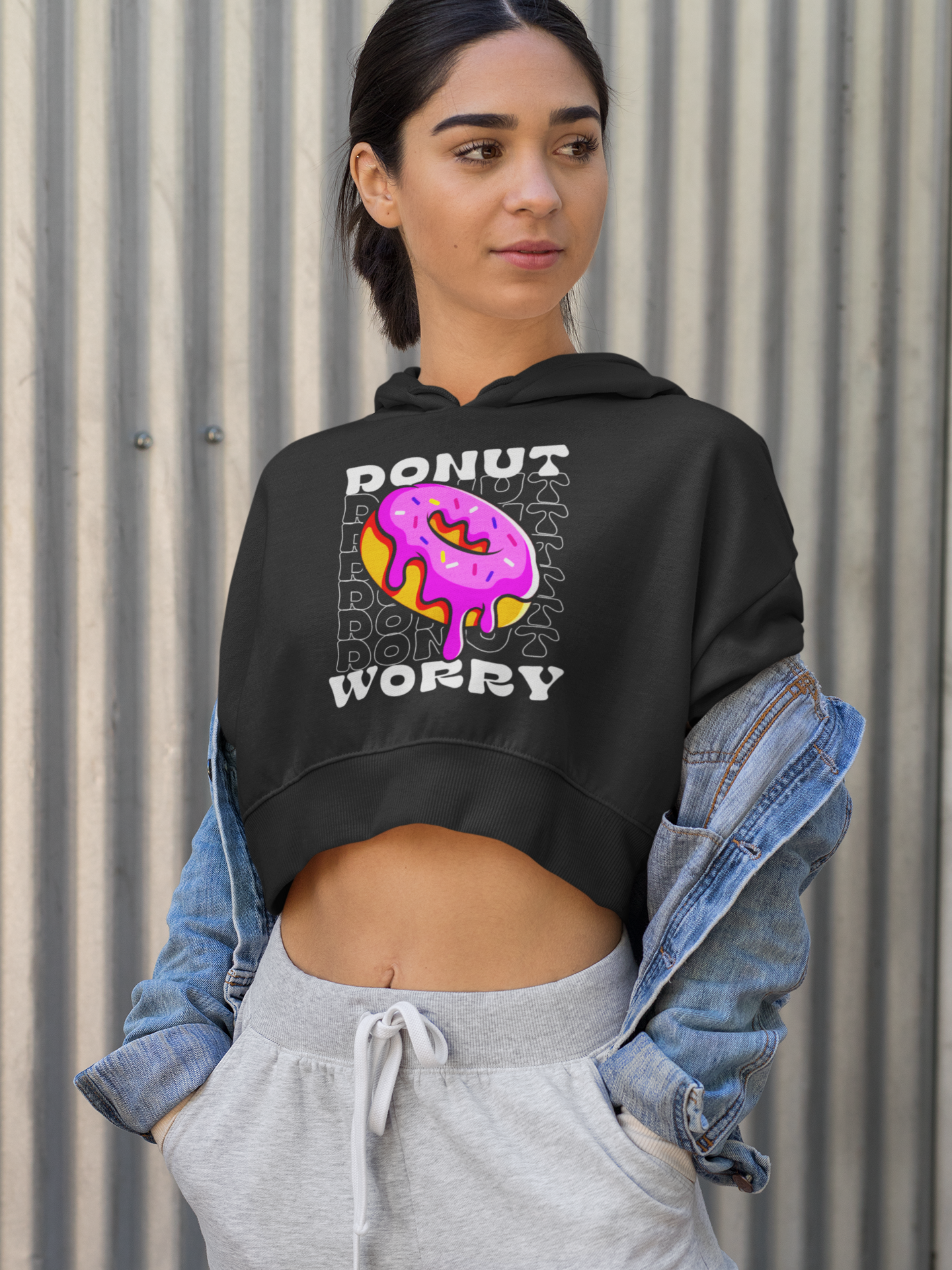 Donut Worry Black Crop Hoodie – Sweet Style with a Sprinkle of Humor!