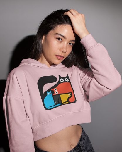 Playful Cat Squad Baby Pink Crop Hoodie – Purrfectly Chic and Cozy!