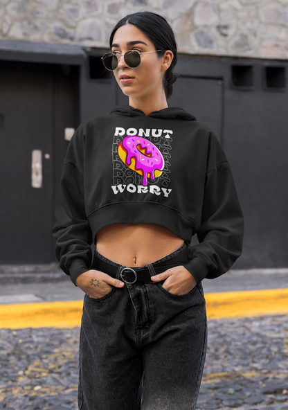 Donut Worry Black Crop Hoodie – Sweet Style with a Sprinkle of Humor!