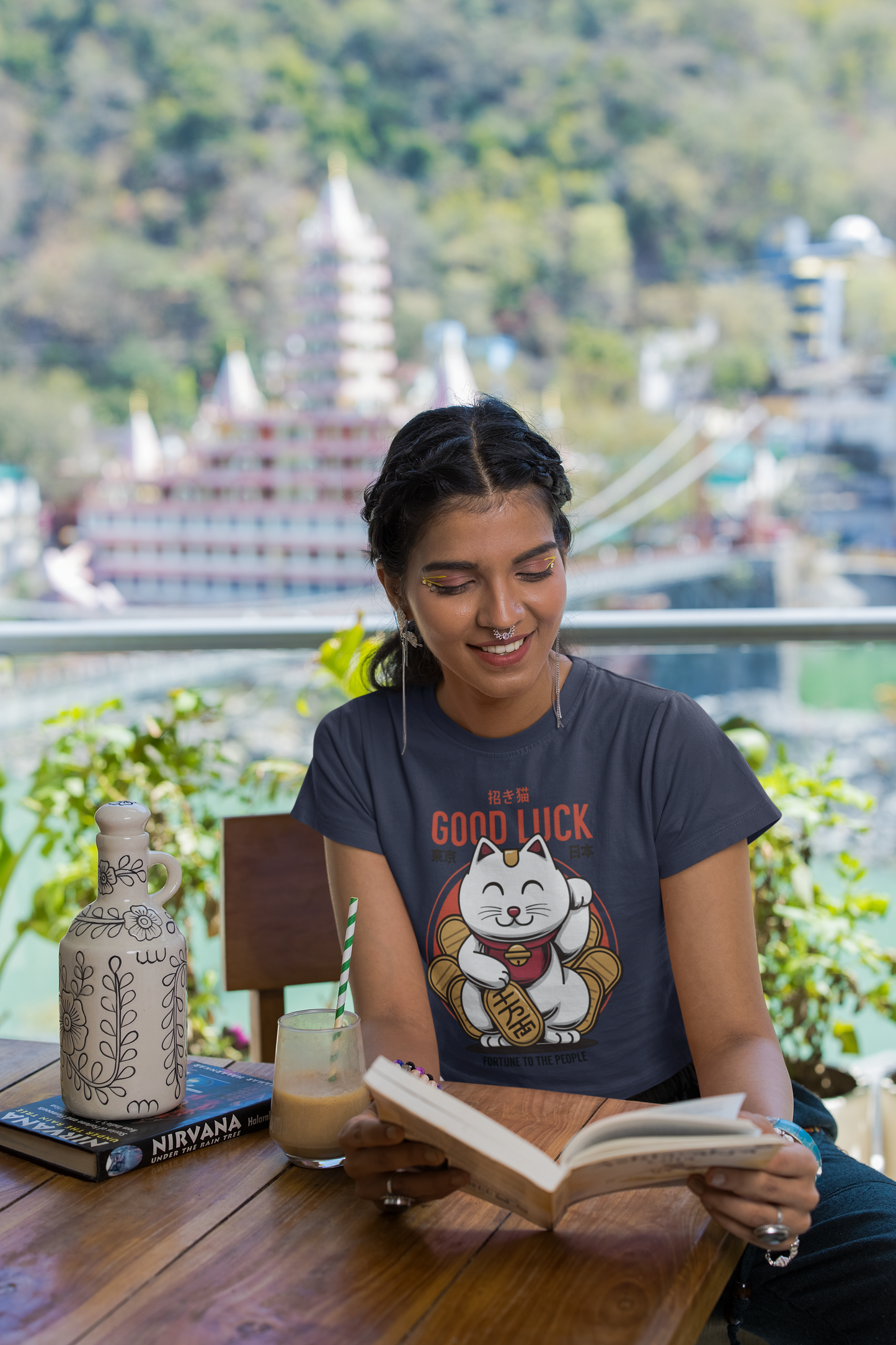 "Good Luck" Printed Navy Blue Crop Top