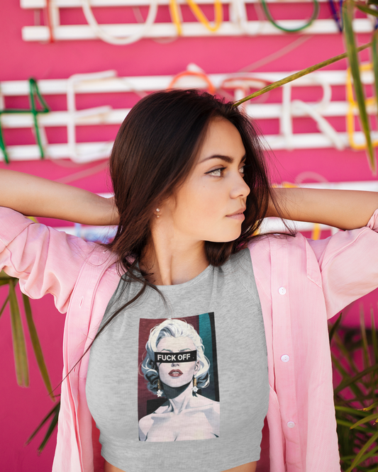 "F*ck Off" Printed Grey Melange Crop Top