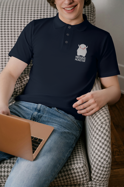 Massive Monster Vibes – Navy Polo Shirt with Cute & Quirky Embroidery