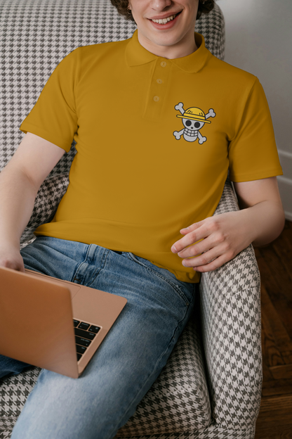 Mustard Yellow Polo with One Piece-Inspired Straw Hat Pirate Logo – Bold & Fashionable