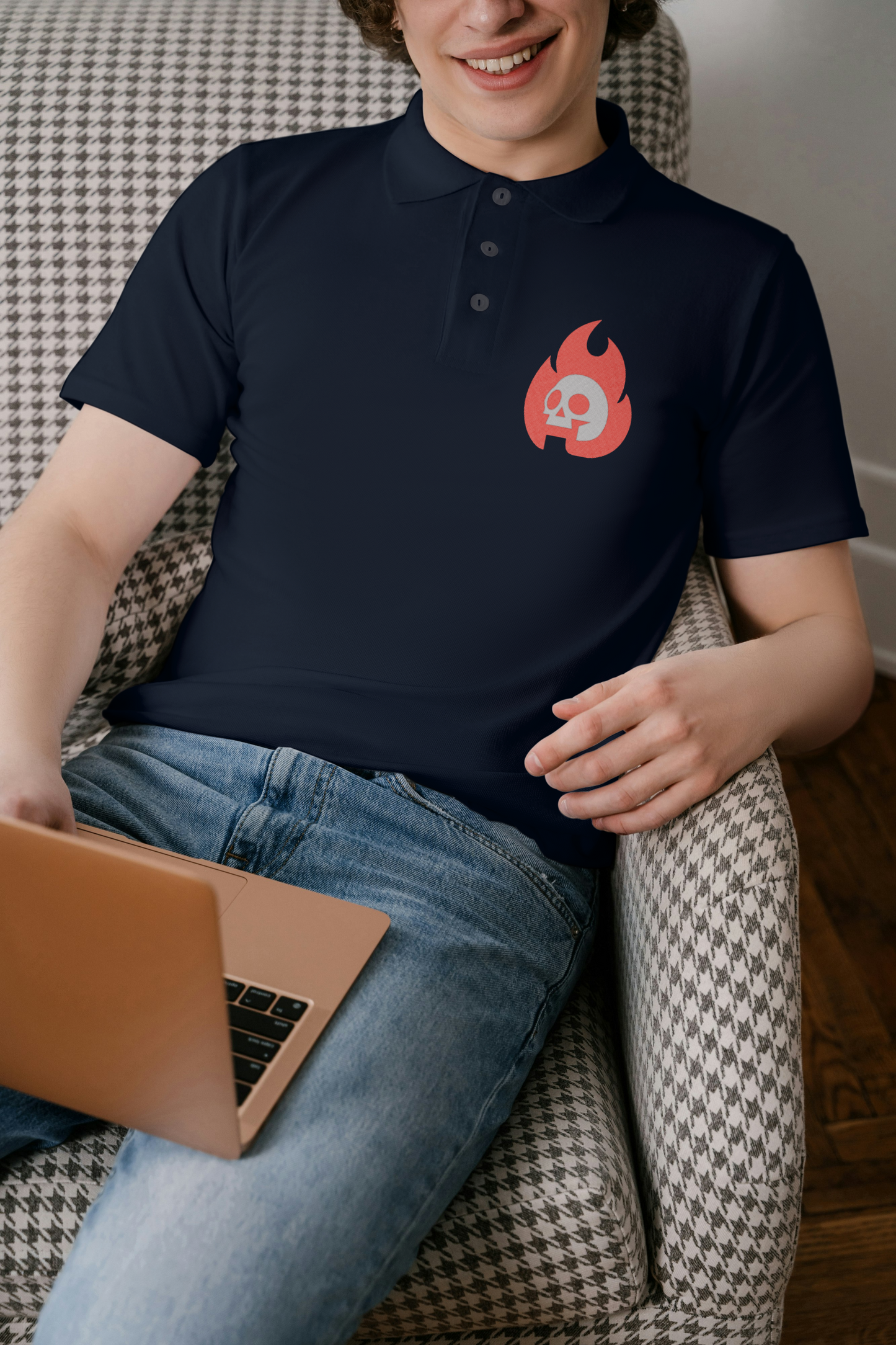 Navy Blue Men's Polo Shirt with Flaming Skull Embroidery – Stylish & Bold Casual Wear