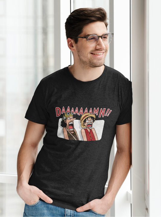 One Piece 'DAAAAAAMN!!' Funny Anime T-Shirt - Unisex Black Melange Polycotton
