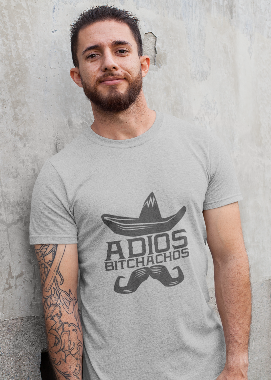 Adios Bitchachos Printed Round Neck Half Sleeve Grey Melange T-Shirt