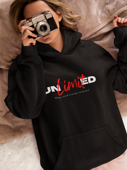 Unlimited Vibes: Black Hoodie with Bold Prints