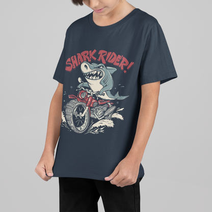 Boys' Shark Rider T-Shirt | Cool Shark on Motorcycle Graphic Tee | 100% Cotton