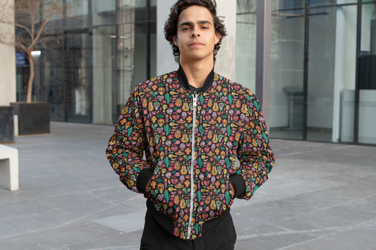 Fiesta of Skulls: Playful Men's Themed Bomber Jacket