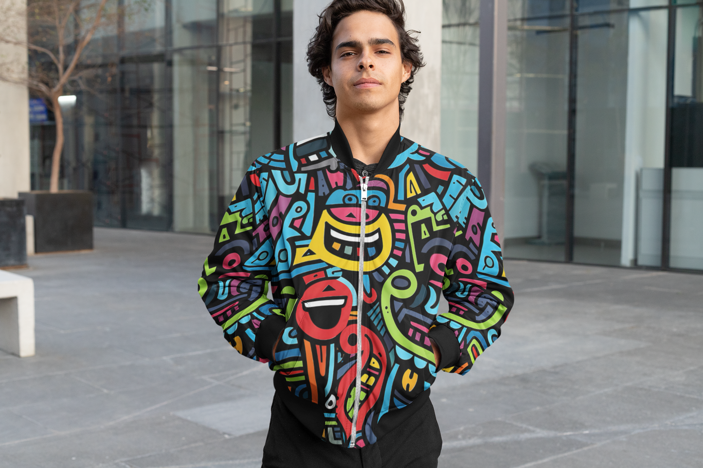 Smiley Motif Multicolor Bomber Jacket for Men