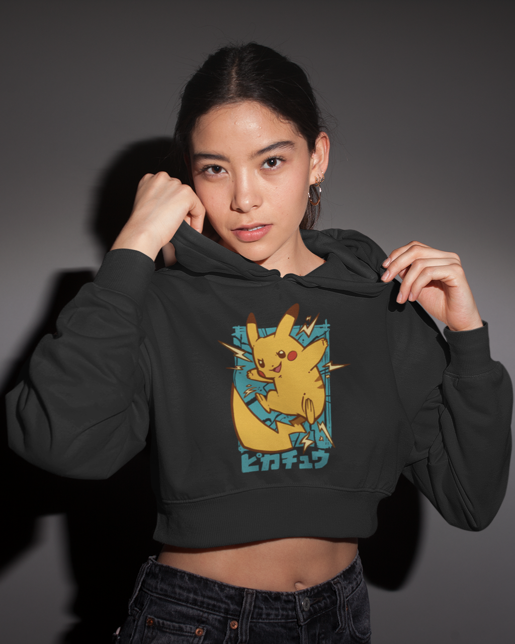 Electric Vibes Black Crop Hoodie – Pikachu Edition for a Spark of Style!