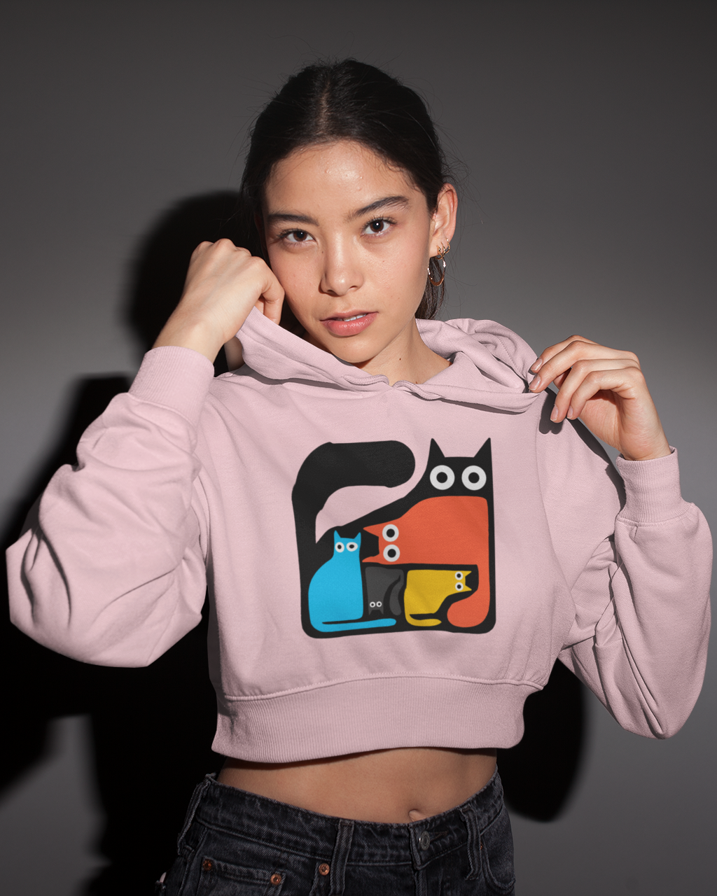 Playful Cat Squad Baby Pink Crop Hoodie – Purrfectly Chic and Cozy!