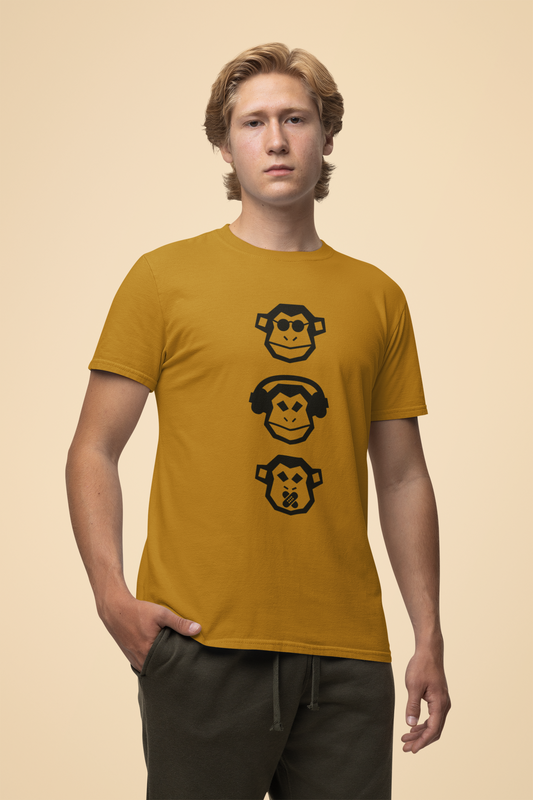 Pure Cotton Mustard Yellow Tee | See Hear Speak No Evil Monkey Print