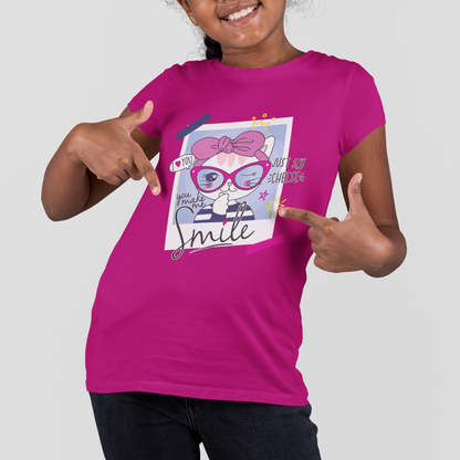 Girls' Graphic Tee with Pink Bow Cat & "Smile" Design