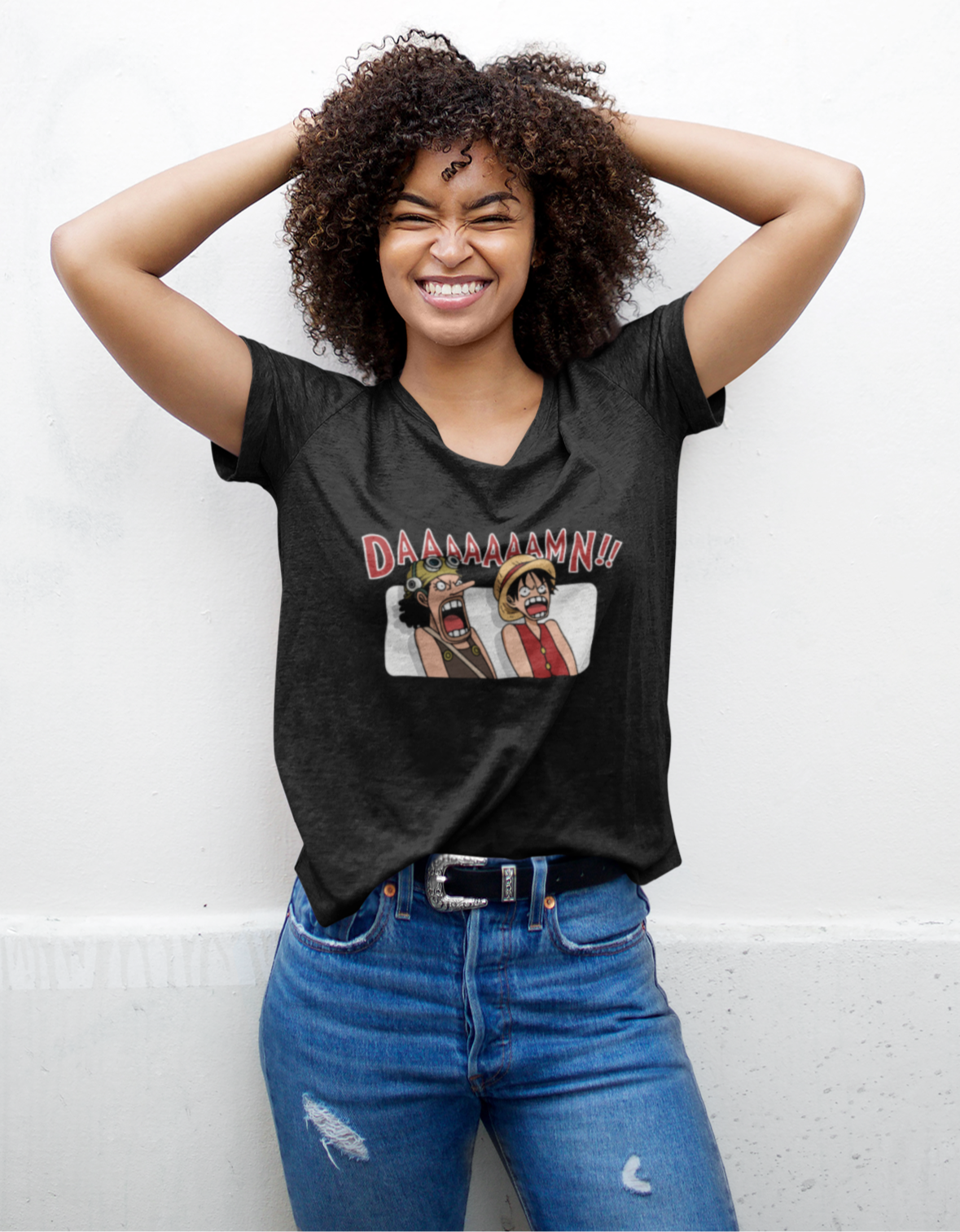 One Piece 'DAAAAAAMN!!' Funny Anime T-Shirt - Unisex Black Melange Polycotton