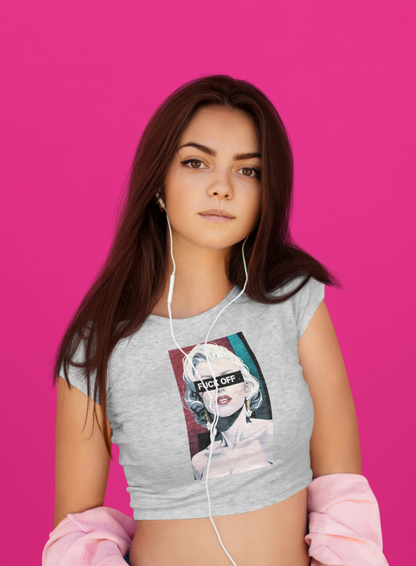 "F*ck Off" Printed Grey Melange Crop Top