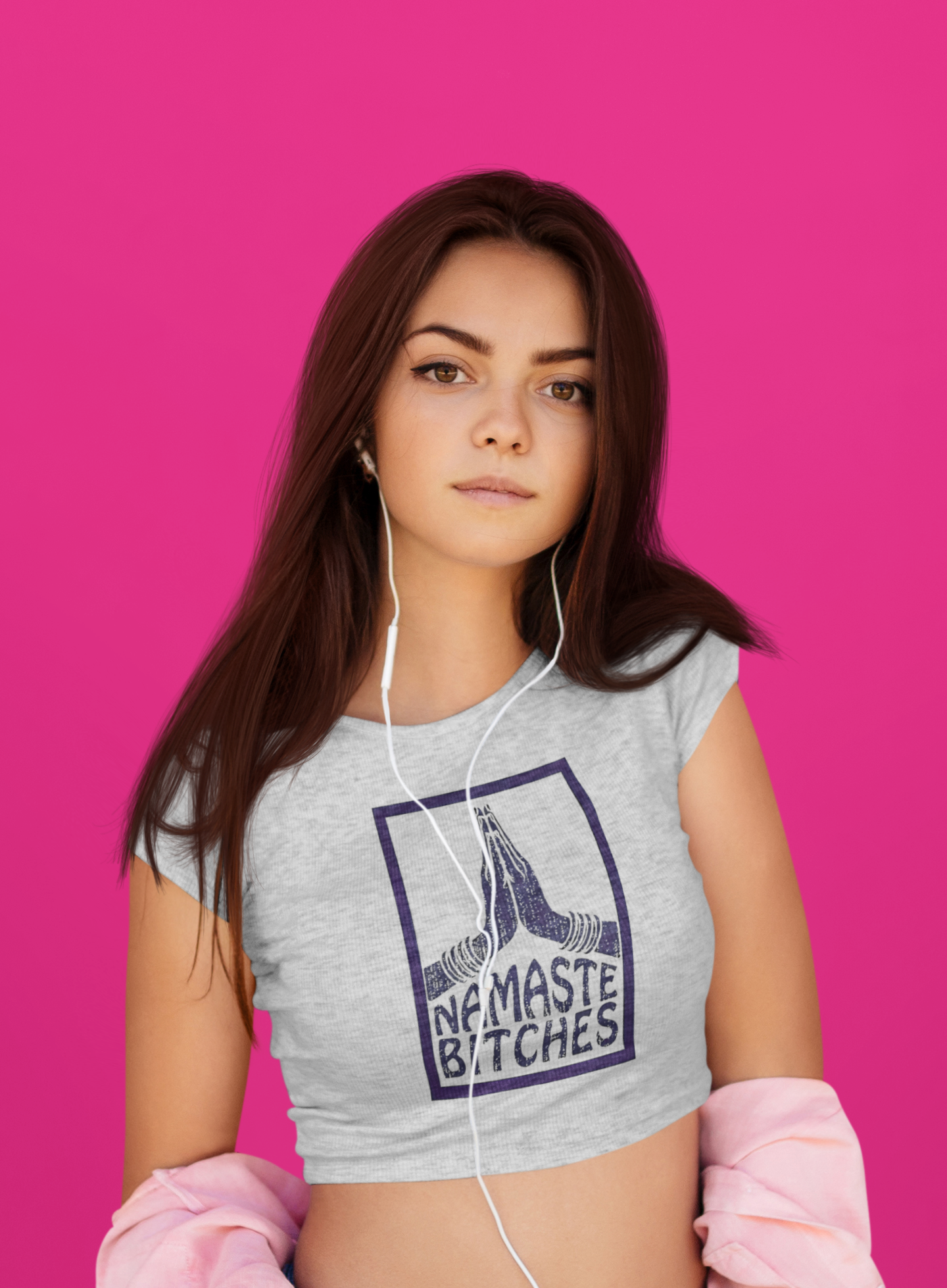 "Namaste Bitches" Printed Grey Melange Crop Top