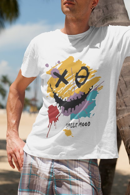 "Joker Face" Colorful Printed Round Neck Half Sleeve White T-shirt