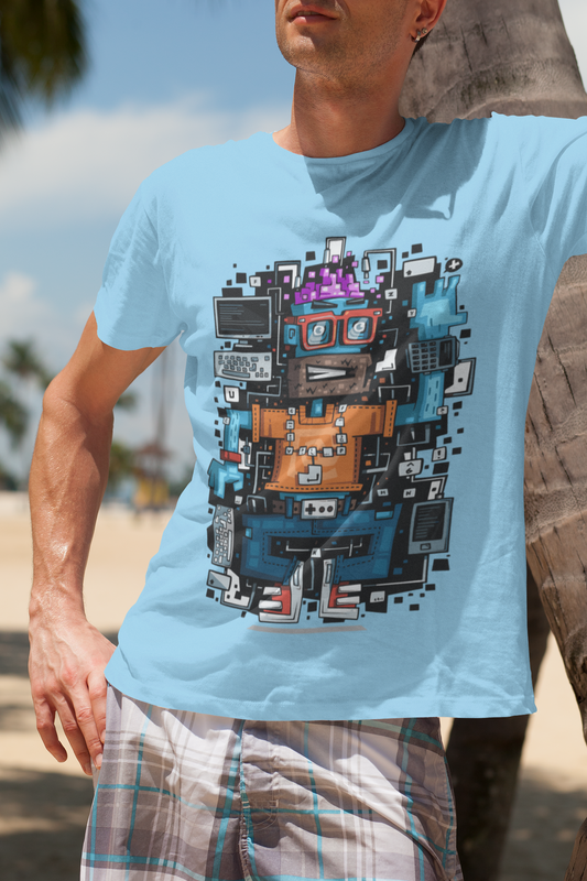 Baby Blue Pure Cotton Graphic T-Shirt | Retro Tech Computer Character