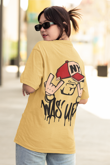 Streetwear Mustard Yellow T-Shirt – Oversized Fit with "Wasup" Print