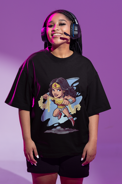 Wonderfully Cute: Black Oversized Chibi Wonder Woman Tee