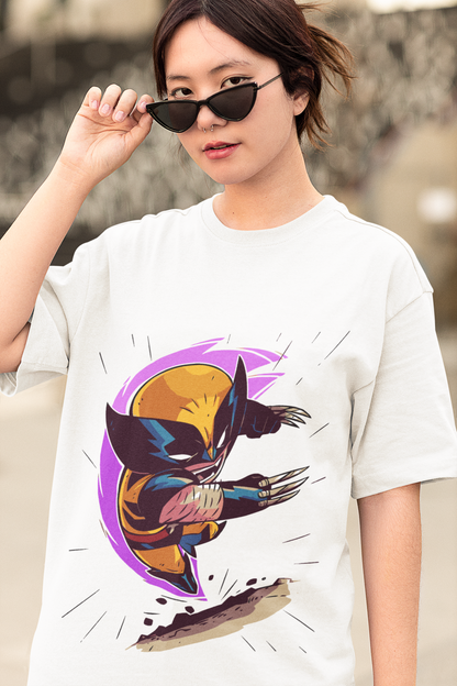 White Oversized Unisex T-shirt With Chibi Wolverine In Action