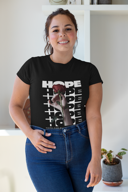 Women's Black Crew T-Shirt – Elegant ‘Hope’ Print with Rose Accent