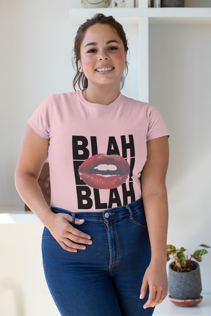 Baby Pink Women's Crew T-Shirt – Funky Blah Blah Text with Red Lips Graphic