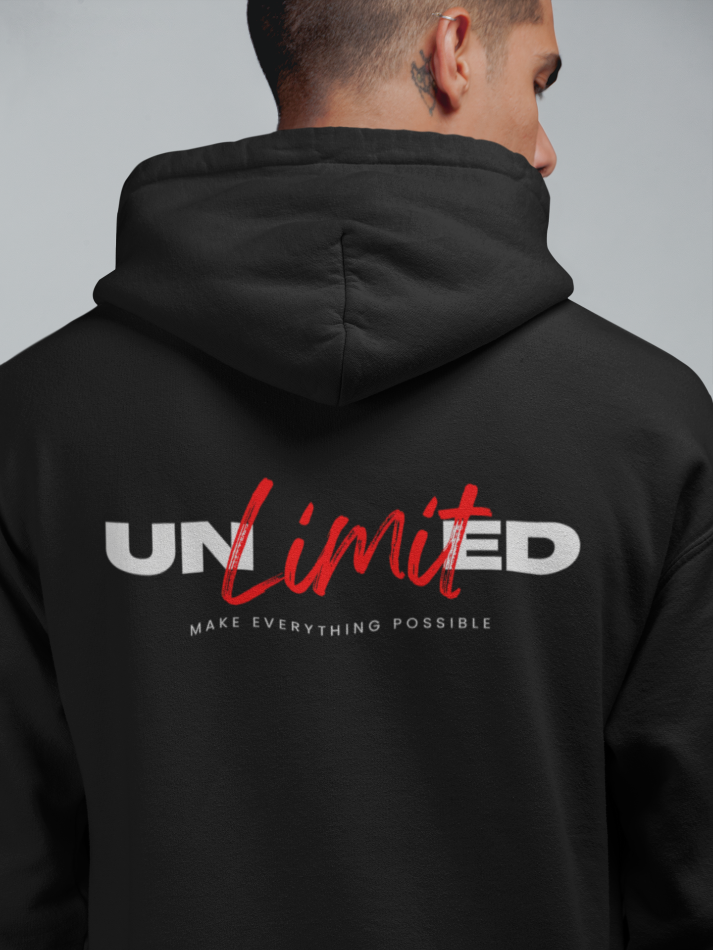 Unlimited Vibes: Black Hoodie with Bold Prints