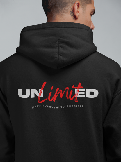 Unlimited Vibes: Black Hoodie with Bold Prints