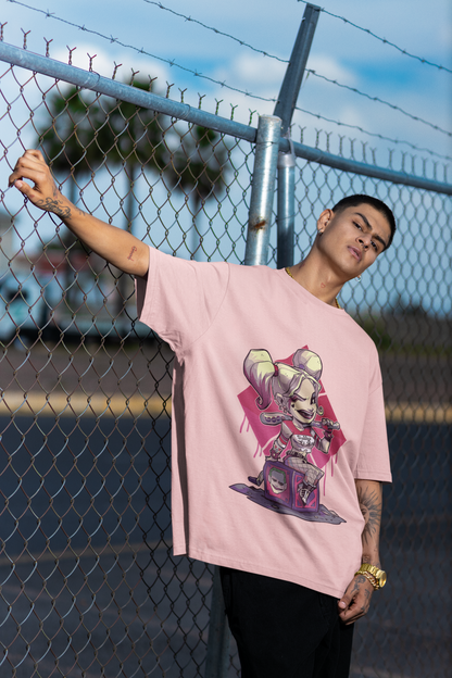 Baby Pink Oversized Unisex T-shirt With Chibi Harley Quinn
