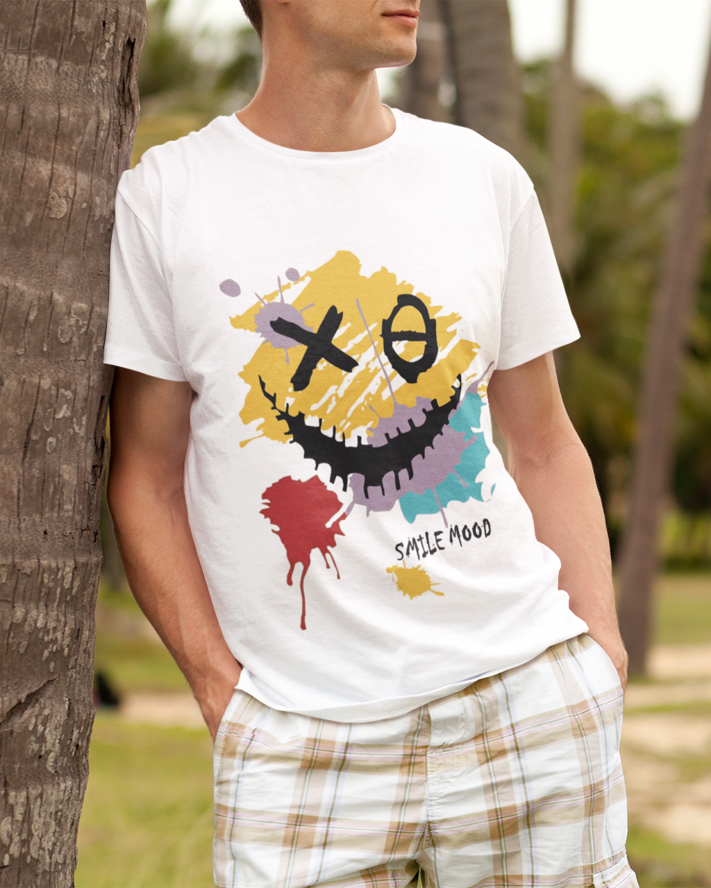 "Joker Face" Colorful Printed Round Neck Half Sleeve White T-shirt