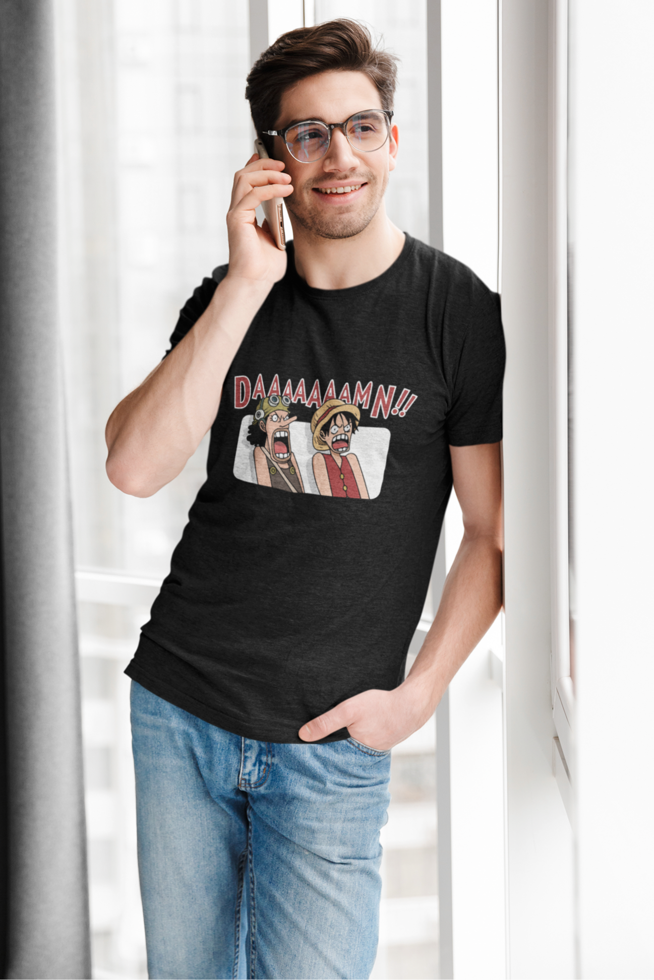 One Piece 'DAAAAAAMN!!' Funny Anime T-Shirt - Unisex Black Melange Polycotton