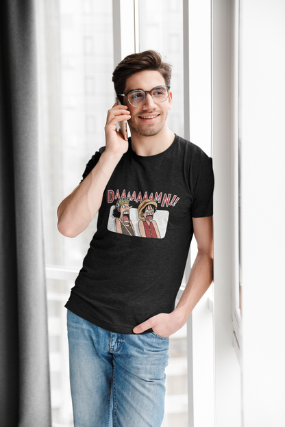 One Piece 'DAAAAAAMN!!' Funny Anime T-Shirt - Unisex Black Melange Polycotton