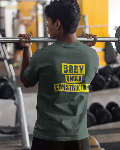 "Body Under Construction" Printed Round Neck Half Sleeve Steel Grey T-shirt