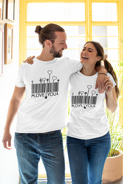 Scan the Code of My Heart: White Unisex Tee Featuring an ‘I Love You’ Barcode Print