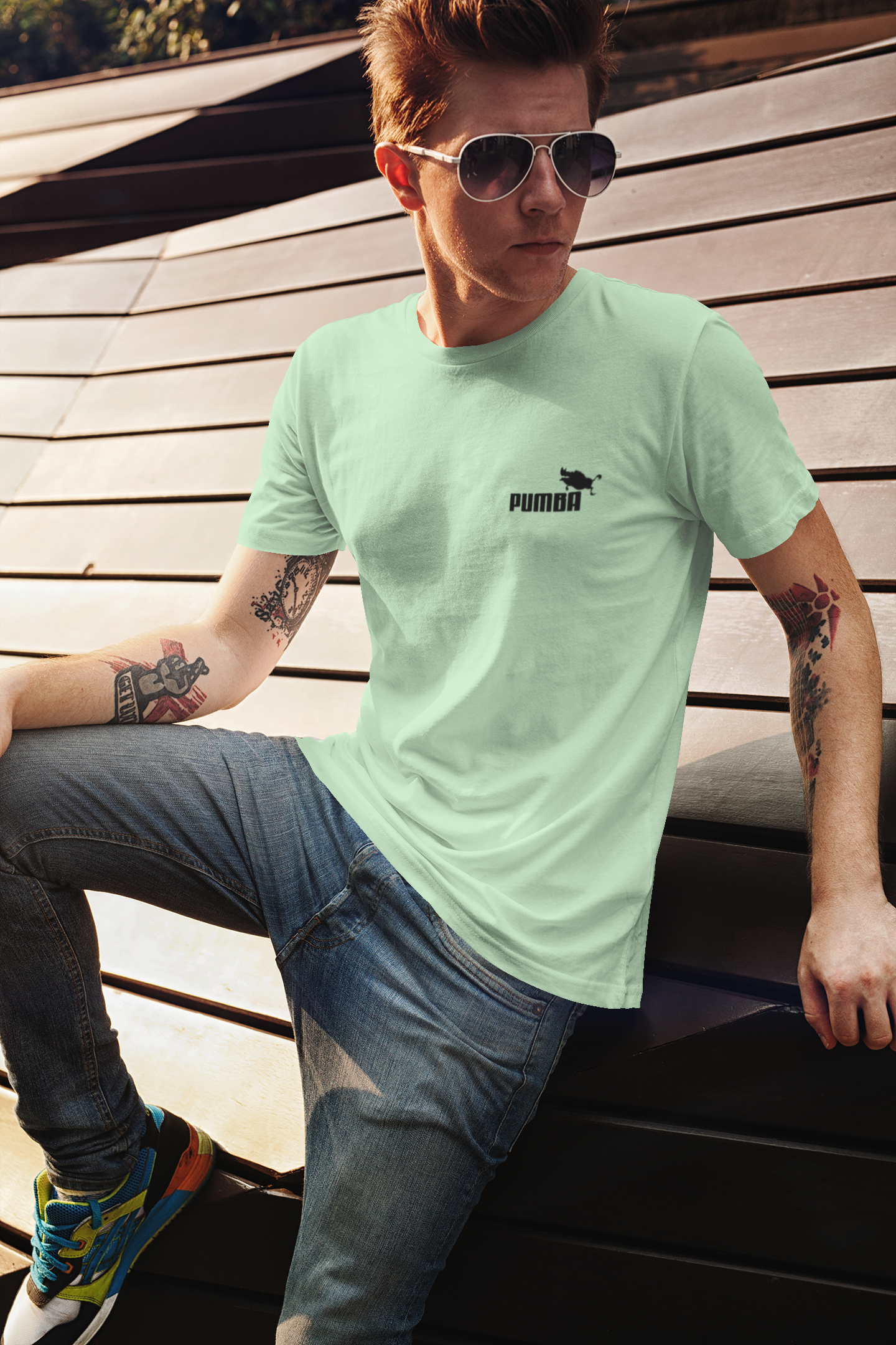 "Pumba" Logo Round Neck Half Sleeve Jade T-shirt
