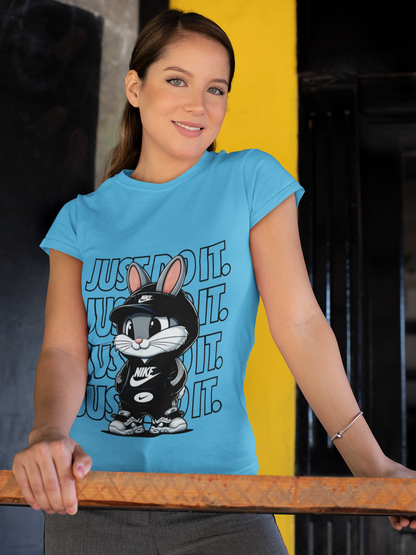 Adorable Sky Blue Tee – ‘Just Do It’ with Playful Bunny Design