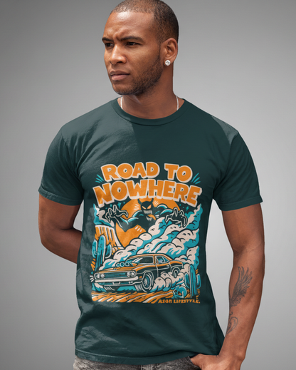 Men's Retro Horror Graphic Tee - "Road to Nowhere" Print | Petrol Blue